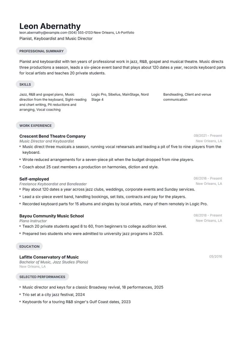 Musician resume template sample in Daniel, page 1: fictional Pianist, Keyboardist and Music Director