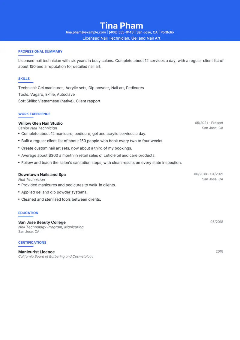 Nail Technician resume template sample in Olivia, page 1: fictional Licensed Nail Technician, Gel and Nail Art