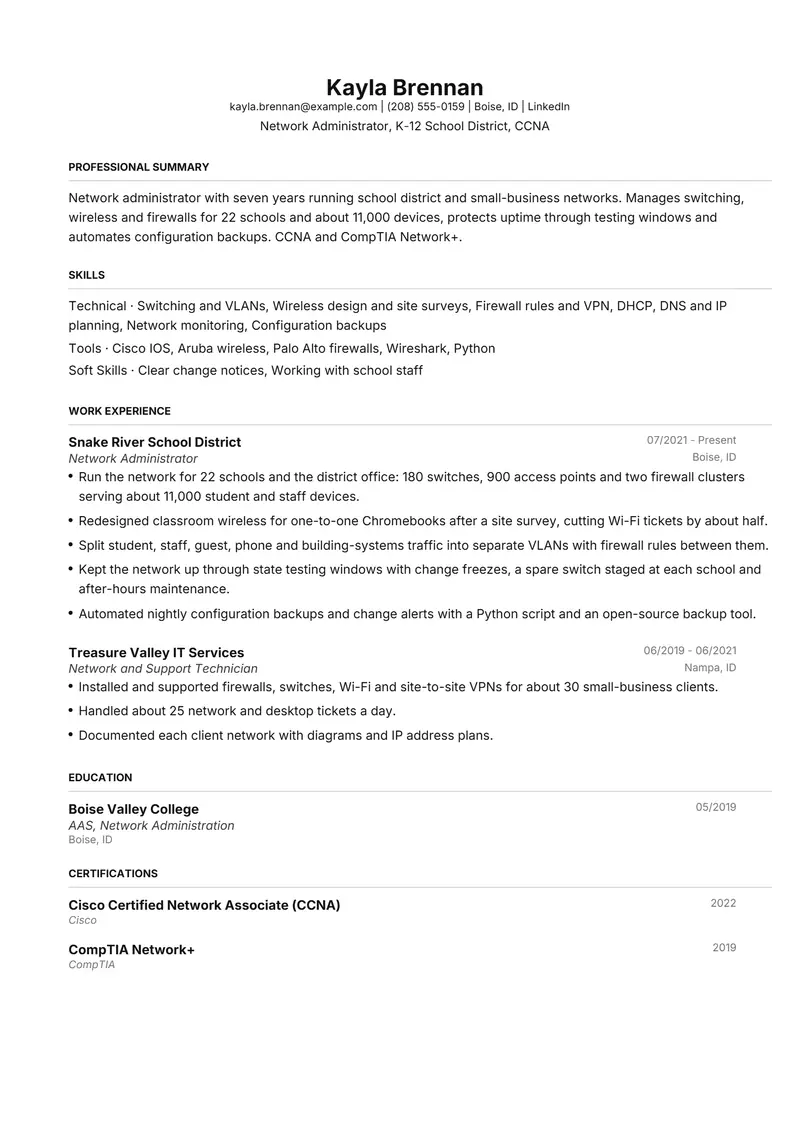 Network Administrator resume template sample in FAANGPath, page 1: fictional Network Administrator, K-12 School District, CCNA