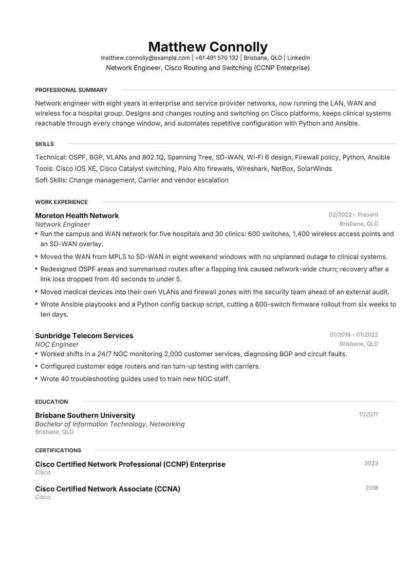 Network Engineer resume template sample in Meridian, page 1: fictional Network Engineer, Cisco Routing and Switching (CCNP Enterprise)