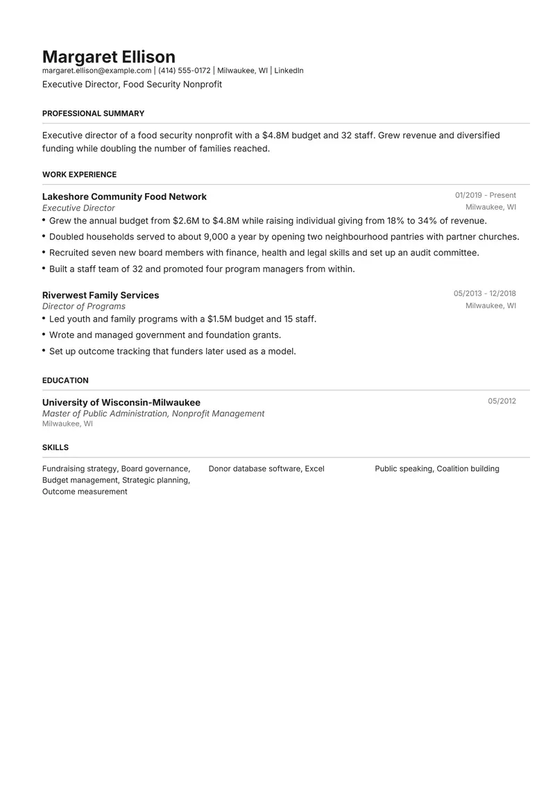 Nonprofit Executive Director resume template sample in Henrietta, page 1: fictional Executive Director, Food Security Nonprofit