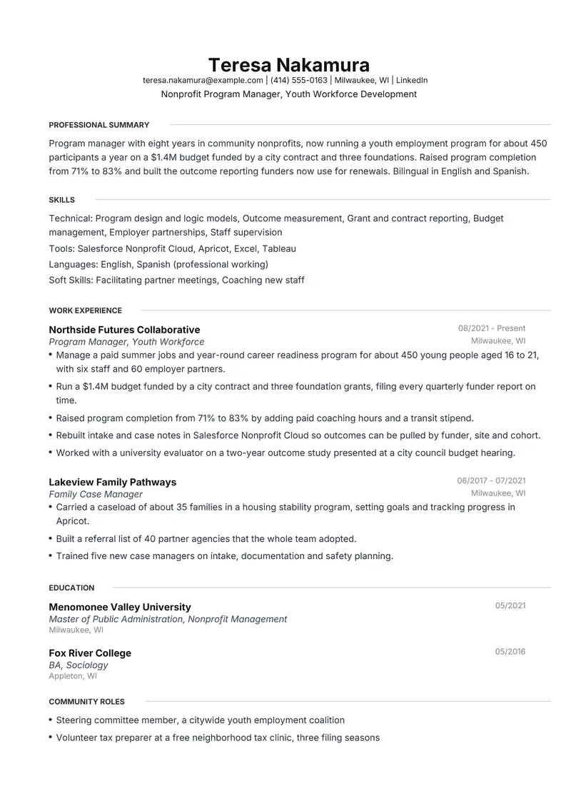 Nonprofit Program Manager resume template sample in Meridian, page 1: fictional Nonprofit Program Manager, Youth Workforce Development