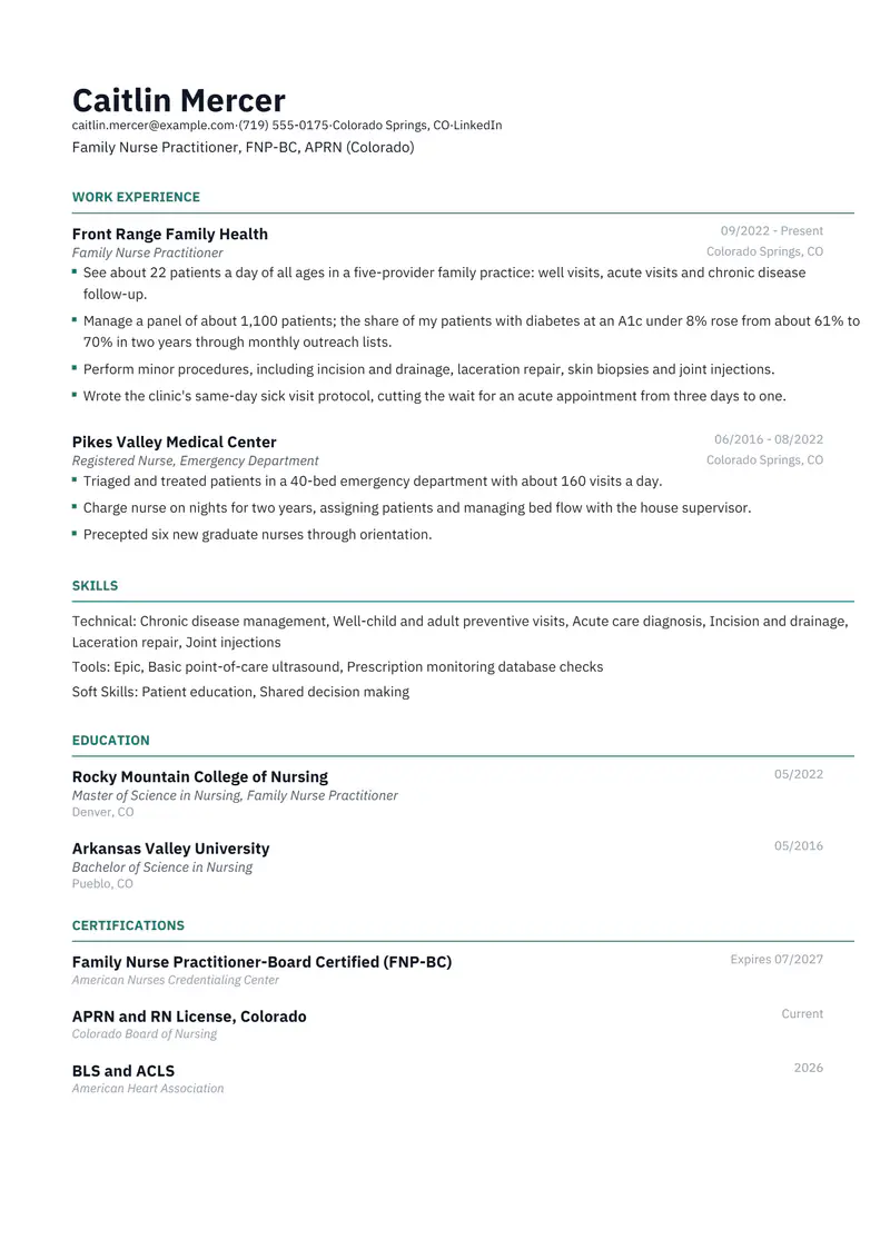 Nurse Practitioner resume template sample in Catalyst, page 1: fictional Family Nurse Practitioner, FNP-BC, APRN (Colorado)