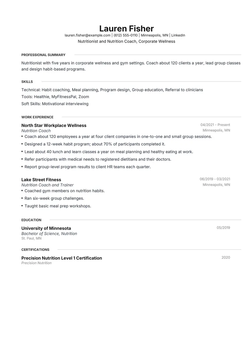 Nutritionist resume template sample in Meridian, page 1: fictional Nutritionist and Nutrition Coach, Corporate Wellness