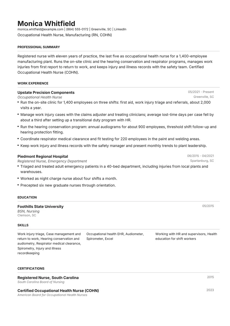 Occupational Health Nurse resume template sample in Henrietta, page 1: fictional Occupational Health Nurse, Manufacturing (RN, COHN)