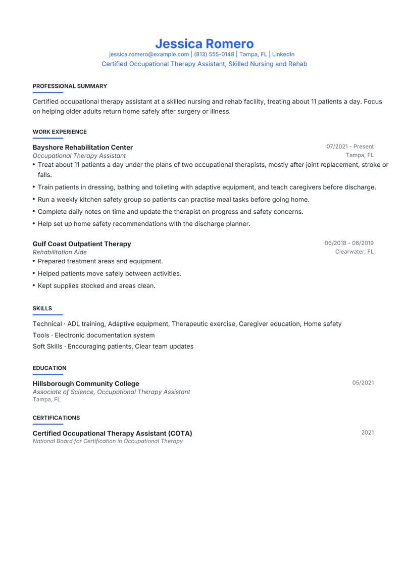 Occupational Therapist Assistant resume template sample in Leslie, page 1: fictional Certified Occupational Therapy Assistant, Skilled Nursing and Rehab