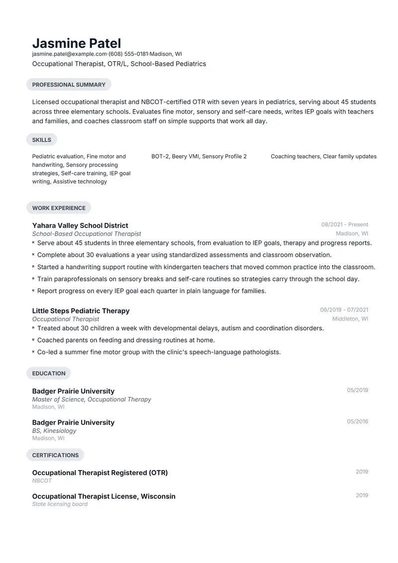 Occupational Therapist resume template sample in Daniel, page 1: fictional Occupational Therapist, OTR/L, School-Based Pediatrics
