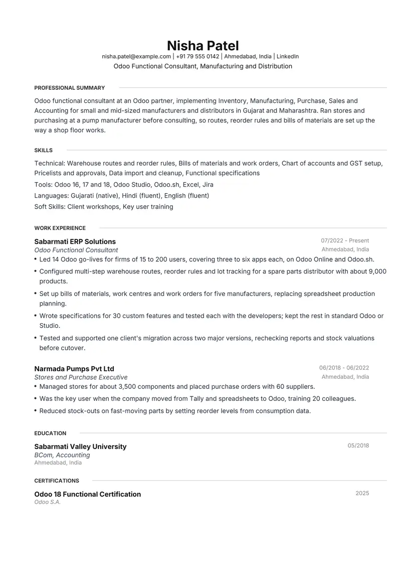 Odoo Consultant resume template sample in Meridian, page 1: fictional Odoo Functional Consultant, Manufacturing and Distribution