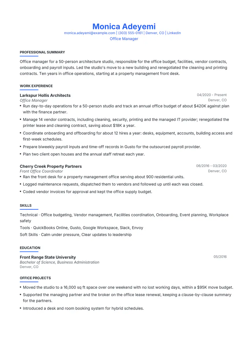 Office Manager resume template sample in Leslie, page 1: fictional Office Manager