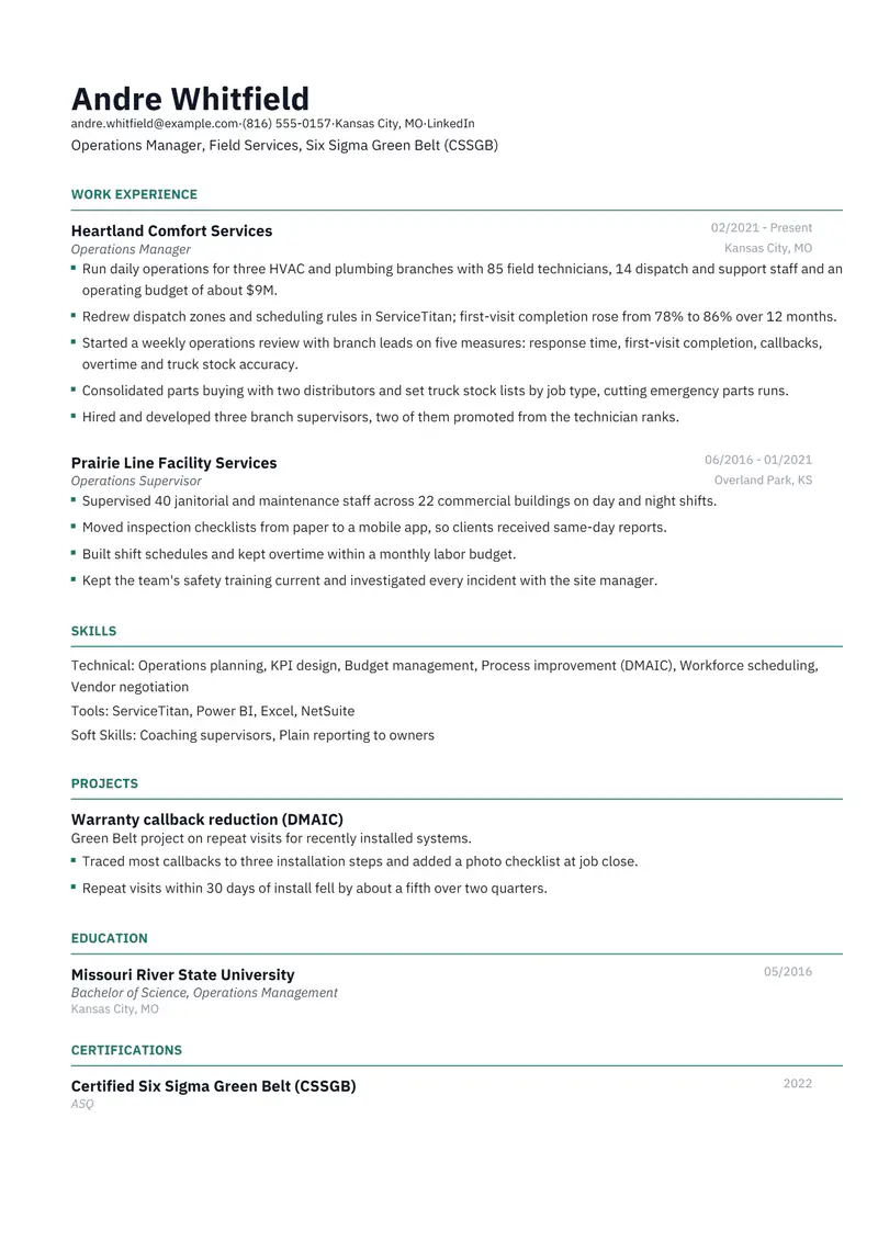 Operations Manager resume template sample in Catalyst, page 1: fictional Operations Manager, Field Services, Six Sigma Green Belt (CSSGB)