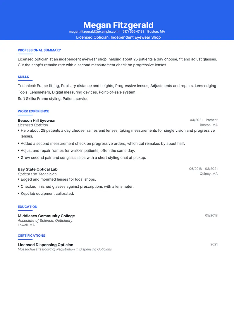 Optician resume template sample in Olivia, page 1: fictional Licensed Optician, Independent Eyewear Shop