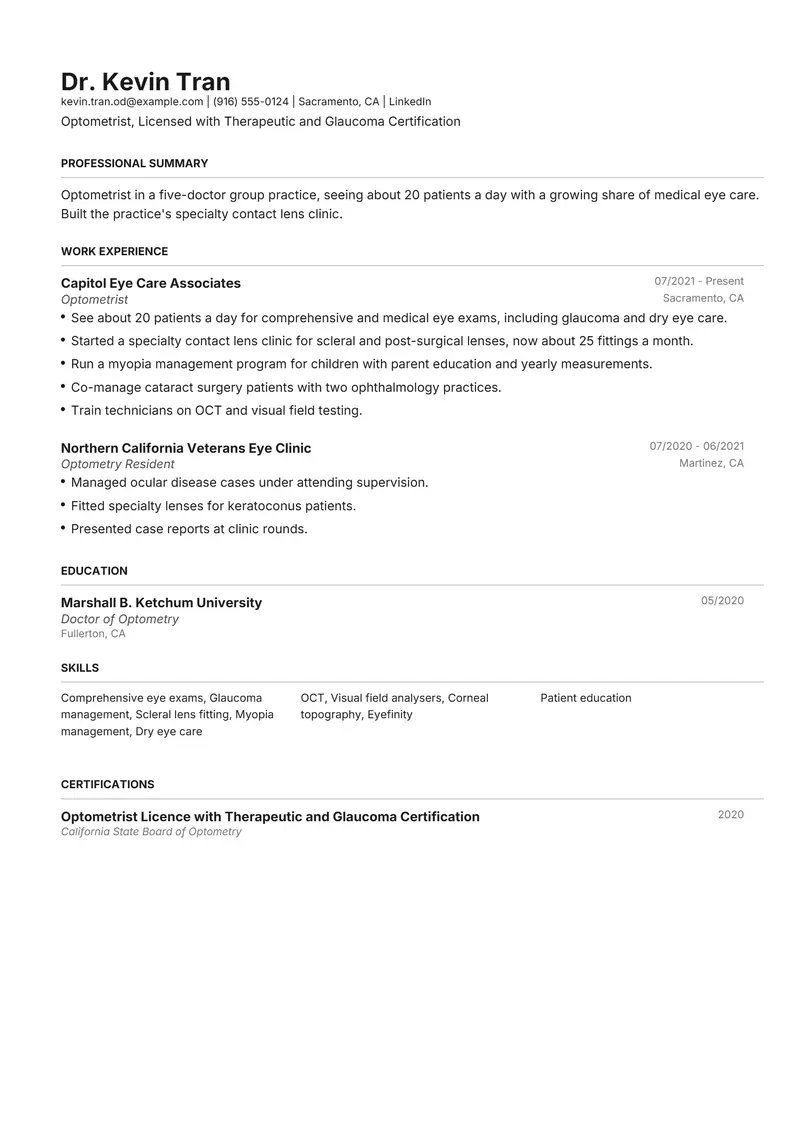 Optometrist resume template sample in Henrietta, page 1: fictional Optometrist, Licensed with Therapeutic and Glaucoma Certification