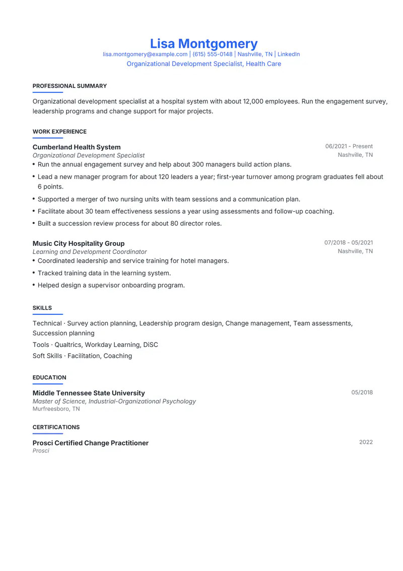 Organizational Development Specialist resume template sample in Leslie, page 1: fictional Organizational Development Specialist, Health Care