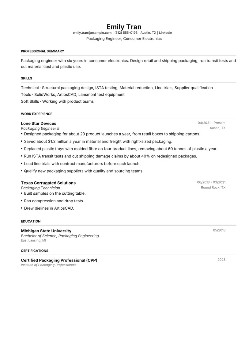 Packaging Engineer resume template sample in FAANGPath, page 1: fictional Packaging Engineer, Consumer Electronics