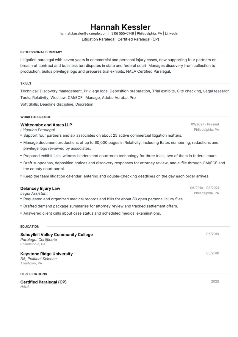 Paralegal resume template sample in Meridian, page 1: fictional Litigation Paralegal, Certified Paralegal (CP)