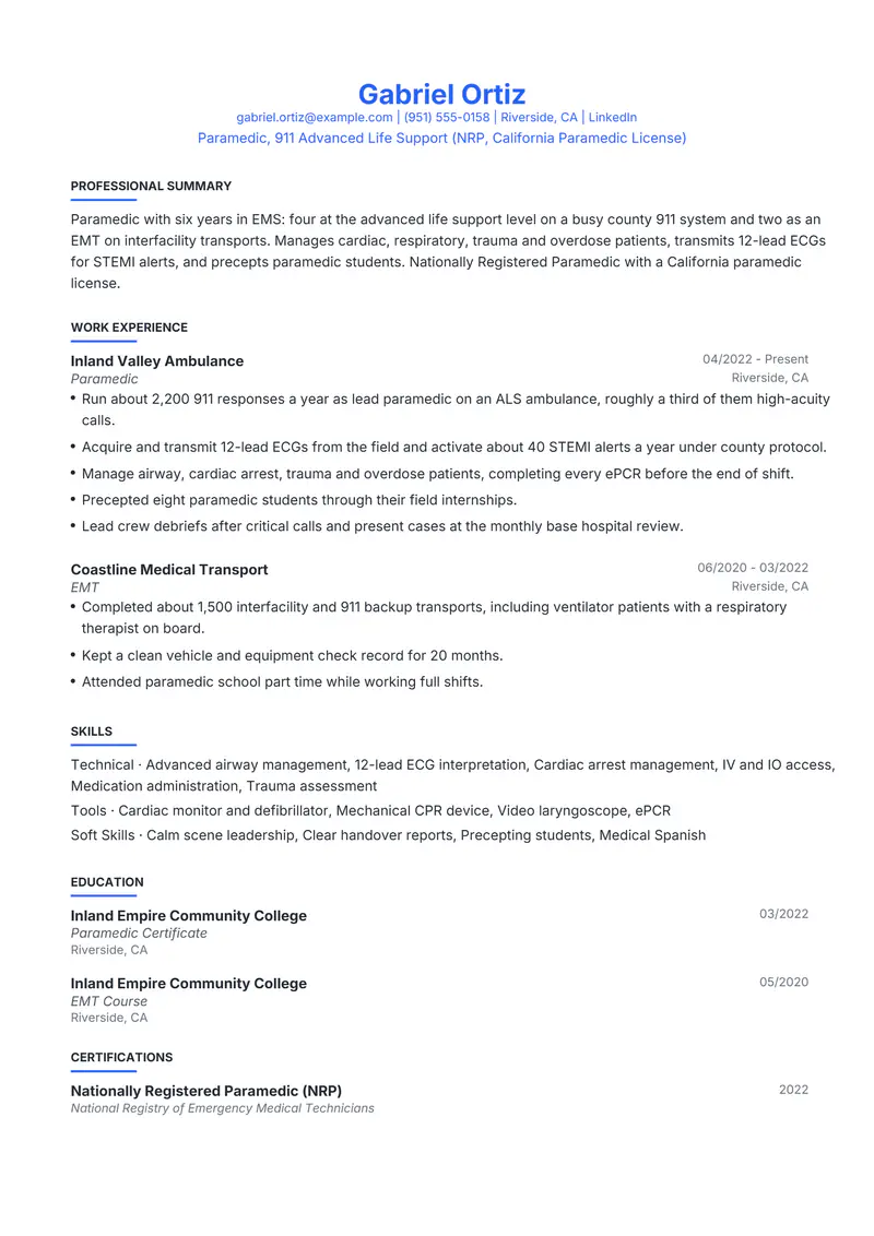 Paramedic resume template sample in Leslie, page 1: fictional Paramedic, 911 Advanced Life Support (NRP, California Paramedic License)