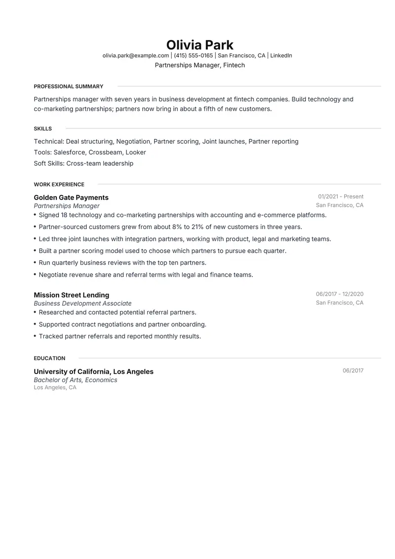 Partnerships Manager resume template sample in Meridian, page 1: fictional Partnerships Manager, Fintech