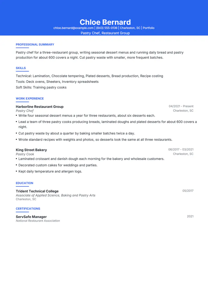 Pastry Chef resume template sample in Olivia, page 1: fictional Pastry Chef, Restaurant Group