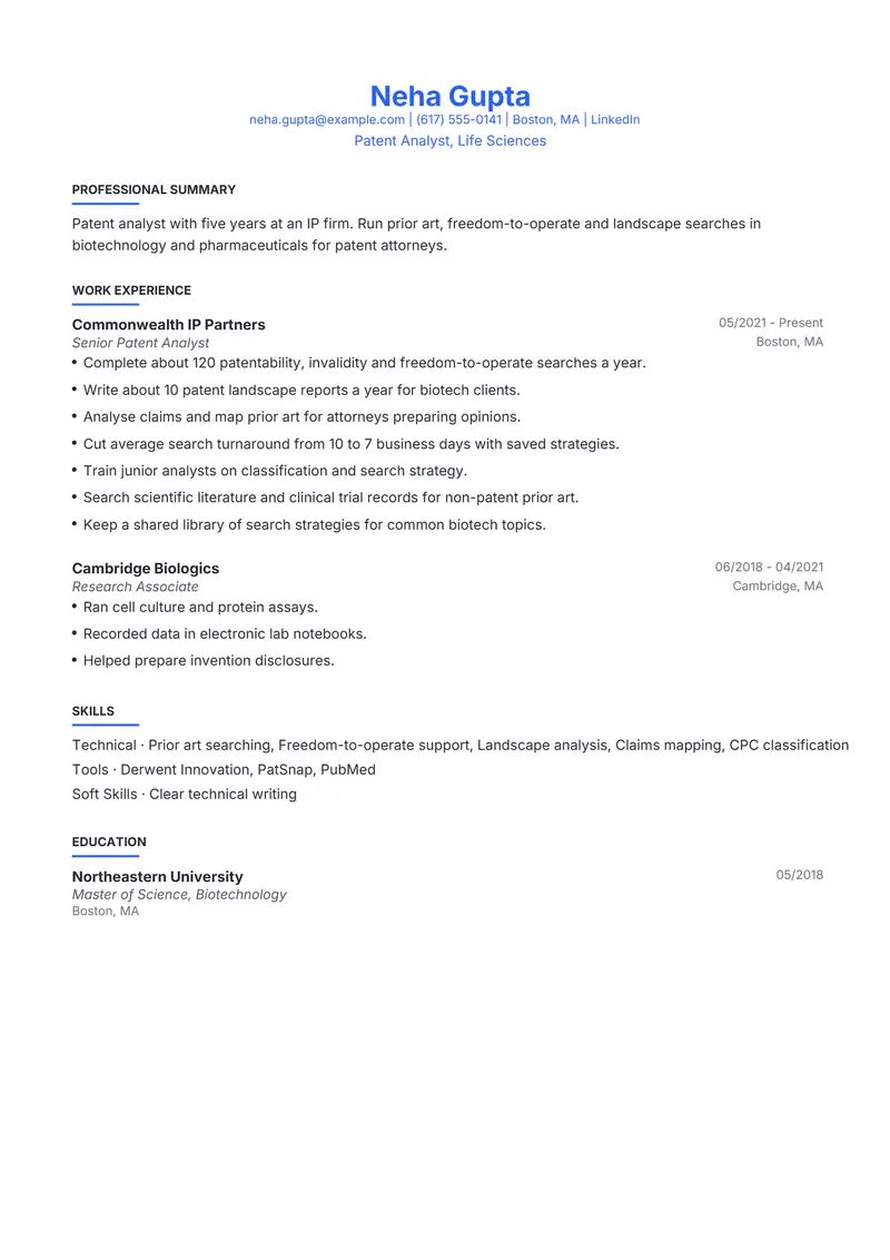 Patent Analyst resume template sample in Leslie, page 1: fictional Patent Analyst, Life Sciences