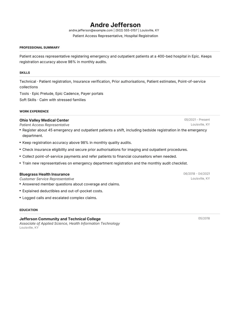 Patient Access Representative resume template sample in FAANGPath, page 1: fictional Patient Access Representative, Hospital Registration