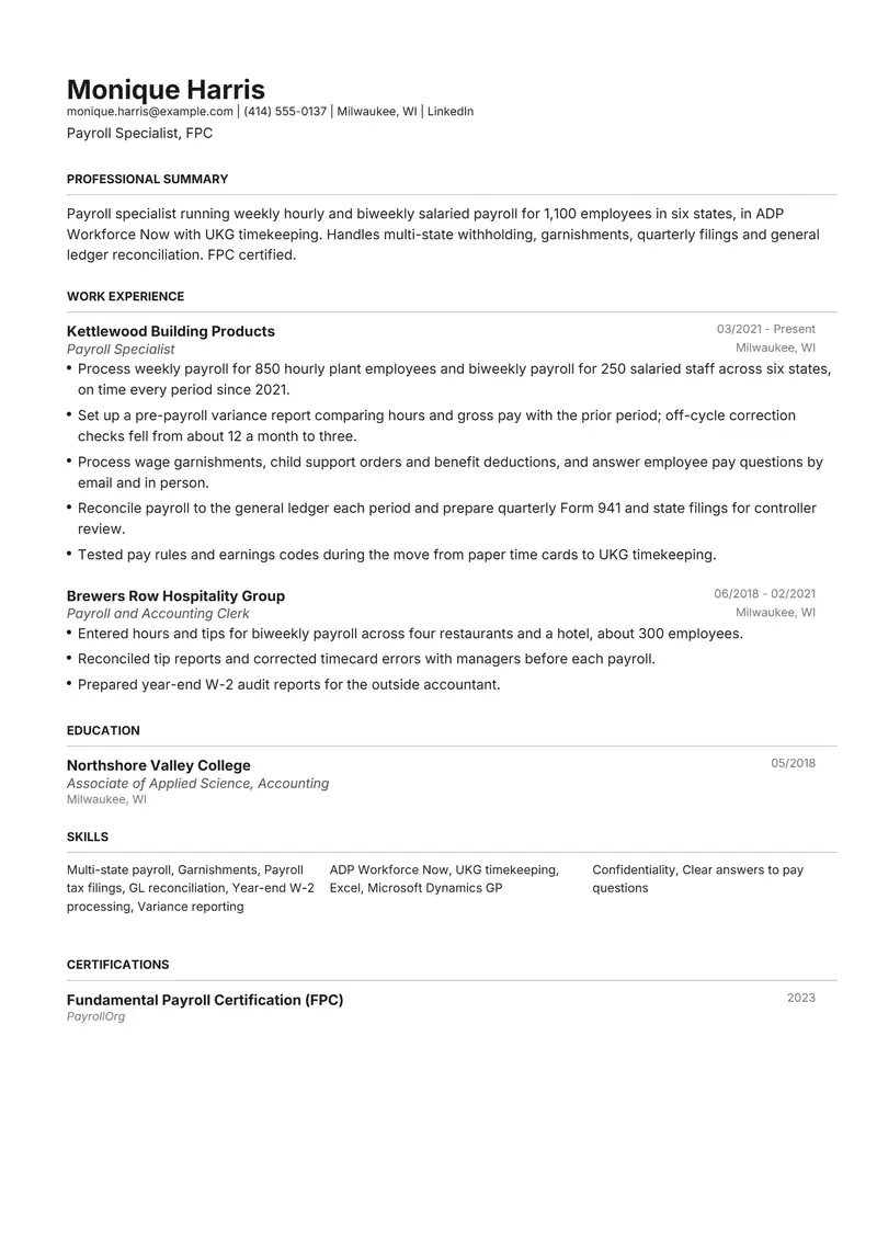 Payroll Specialist resume template sample in Henrietta, page 1: fictional Payroll Specialist, FPC