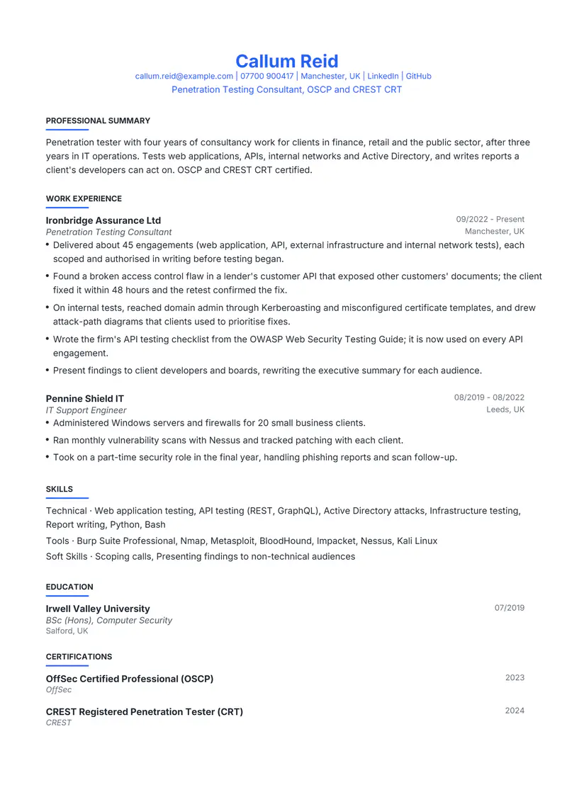 Penetration Tester resume template sample in Leslie, page 1: fictional Penetration Testing Consultant, OSCP and CREST CRT