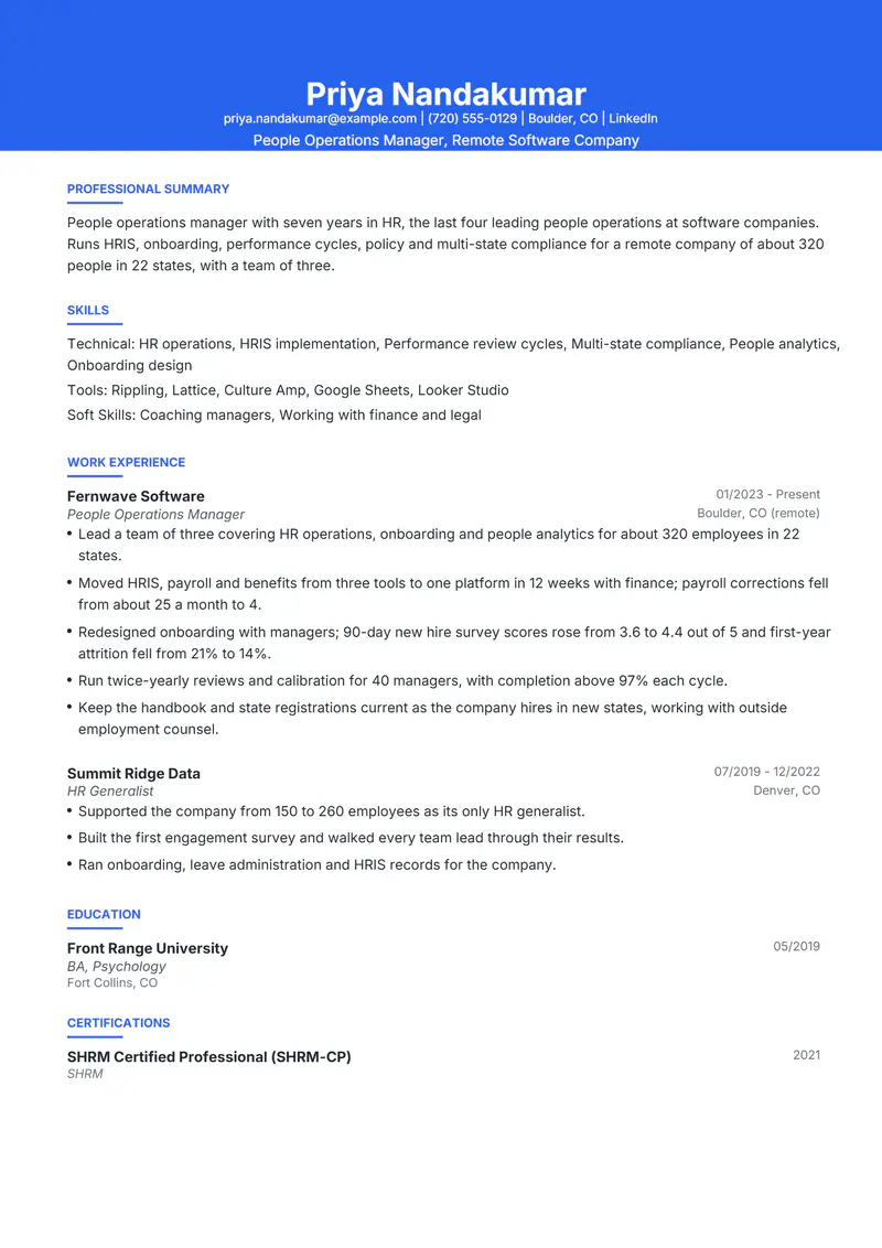 People Operations Manager resume template sample in Olivia, page 1: fictional People Operations Manager, Remote Software Company