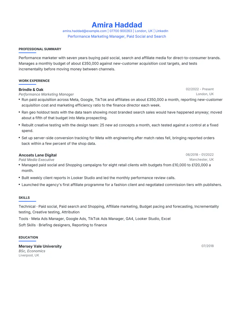 Performance Marketer resume template sample in Leslie, page 1: fictional Performance Marketing Manager, Paid Social and Search
