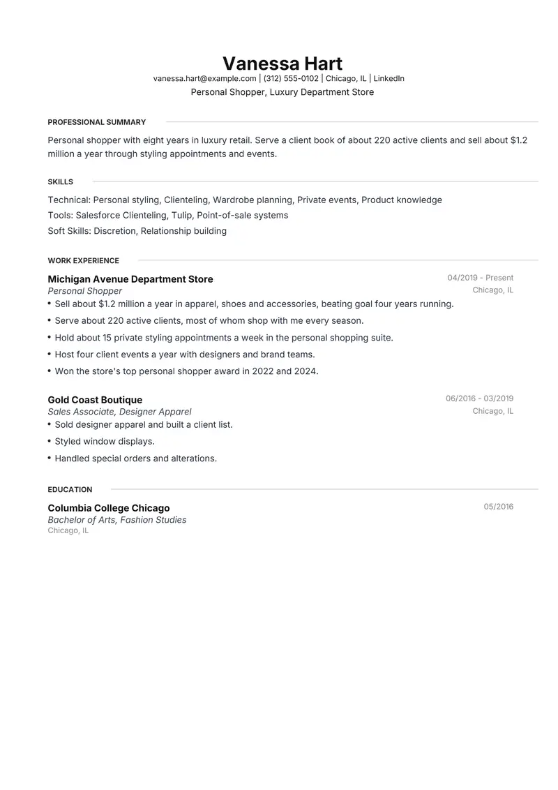 Personal Shopper resume template sample in Meridian, page 1: fictional Personal Shopper, Luxury Department Store