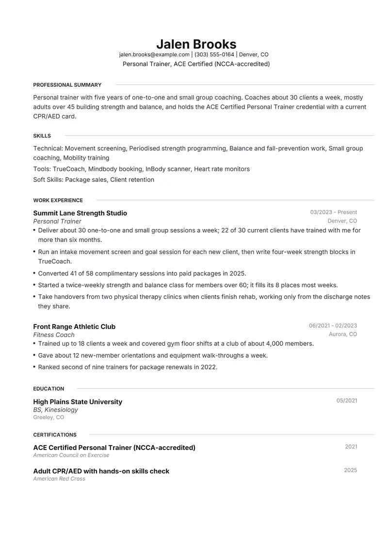 Personal Trainer resume template sample in Meridian, page 1: fictional Personal Trainer, ACE Certified (NCCA-accredited)