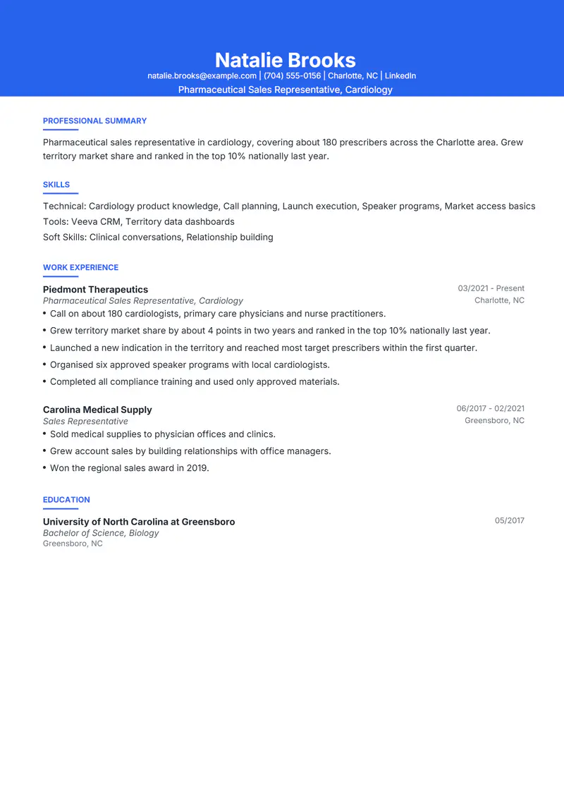 Pharmaceutical Sales Representative resume template sample in Olivia, page 1: fictional Pharmaceutical Sales Representative, Cardiology