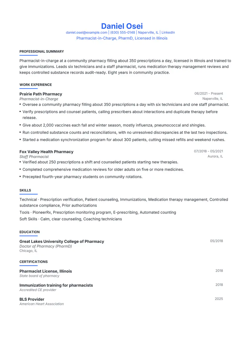 Pharmacist resume template sample in Leslie, page 1: fictional Pharmacist-in-Charge, PharmD, Licensed in Illinois