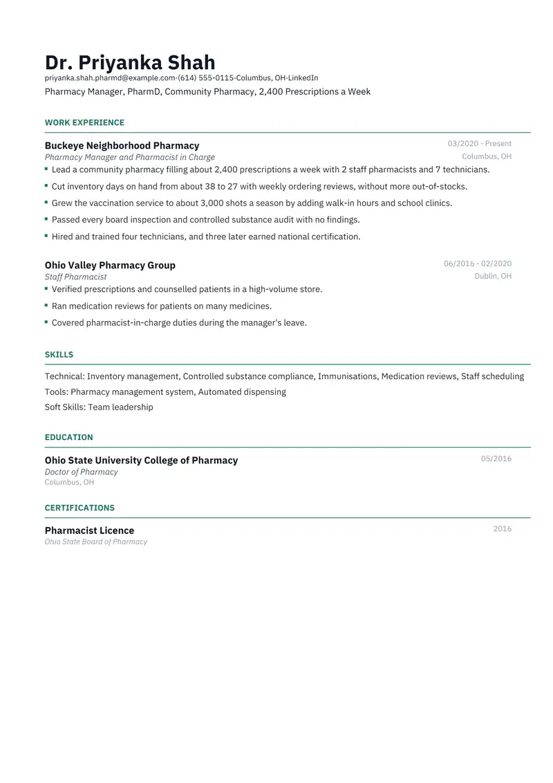 Pharmacy Manager resume template sample in Catalyst, page 1: fictional Pharmacy Manager, PharmD, Community Pharmacy, 2,400 Prescriptions a Week