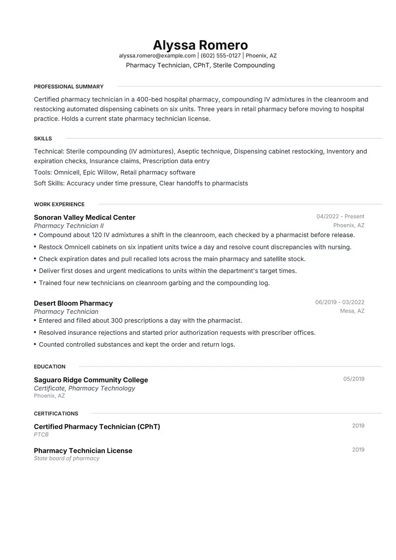 Pharmacy Technician resume template sample in Meridian, page 1: fictional Pharmacy Technician, CPhT, Sterile Compounding