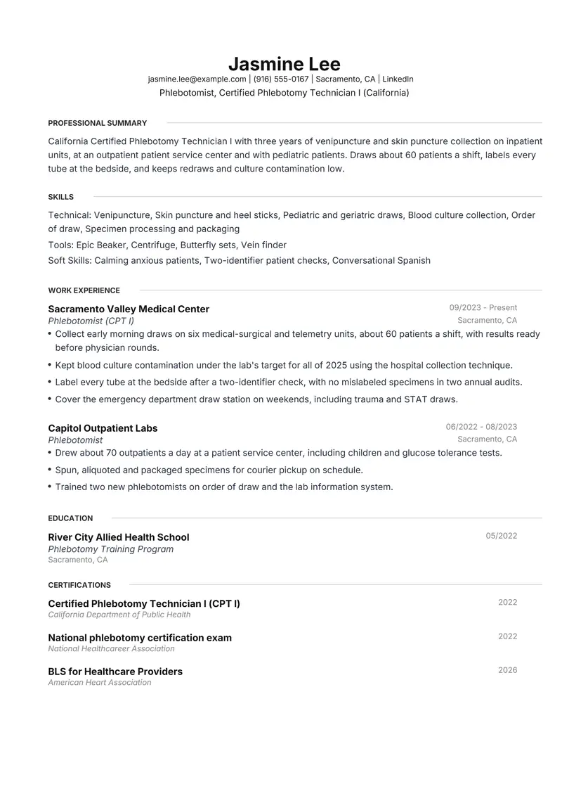 Phlebotomist resume template sample in Meridian, page 1: fictional Phlebotomist, Certified Phlebotomy Technician I (California)