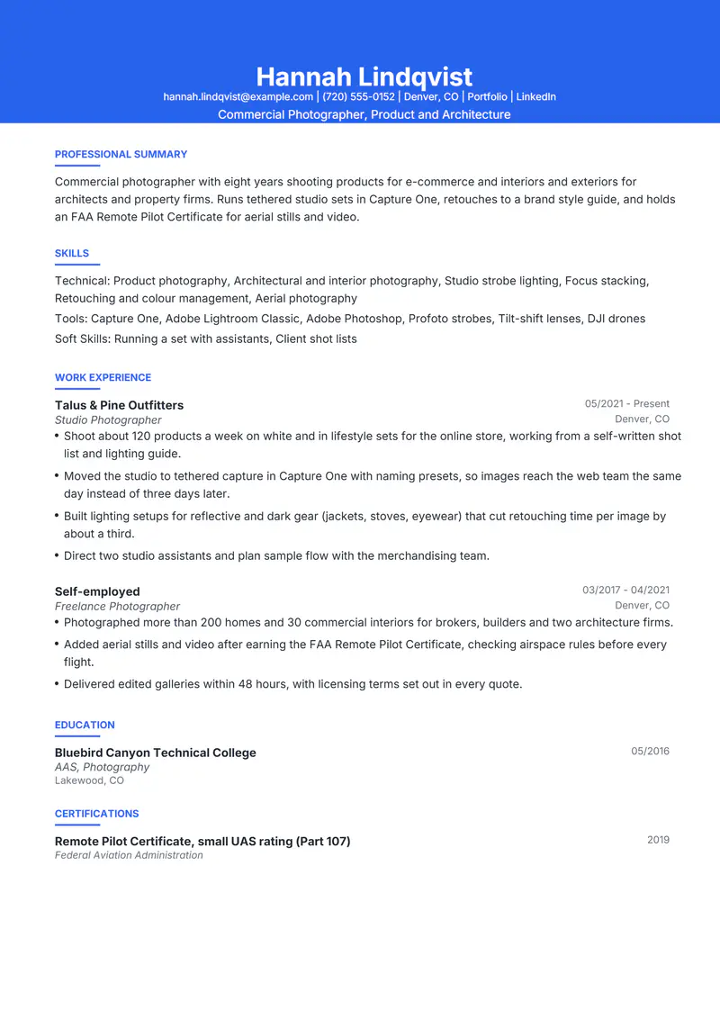 Photographer resume template sample in Olivia, page 1: fictional Commercial Photographer, Product and Architecture