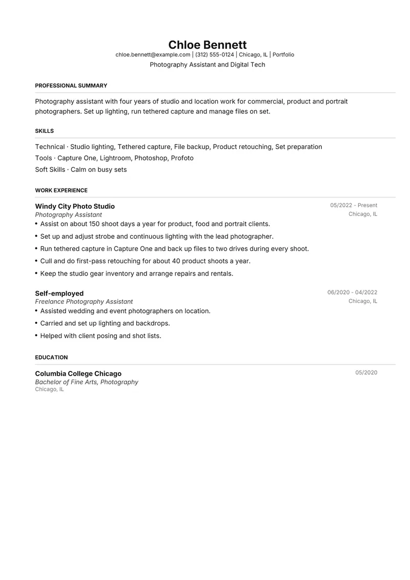 Photography Assistant resume template sample in FAANGPath, page 1: fictional Photography Assistant and Digital Tech