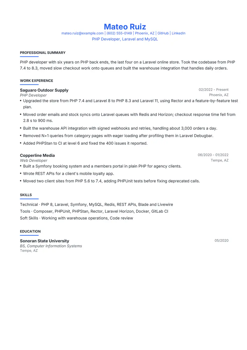 PHP Developer resume template sample in Leslie, page 1: fictional PHP Developer, Laravel and MySQL