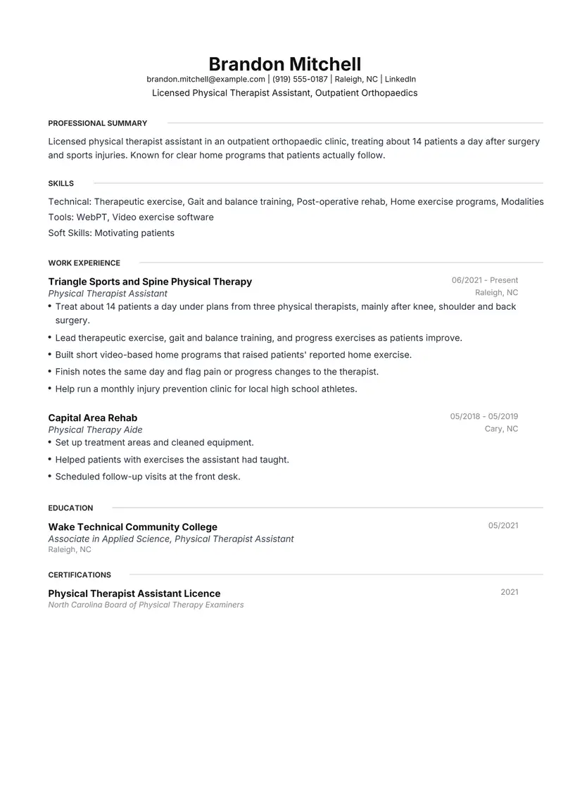 Physical Therapist Assistant resume template sample in Meridian, page 1: fictional Licensed Physical Therapist Assistant, Outpatient Orthopaedics