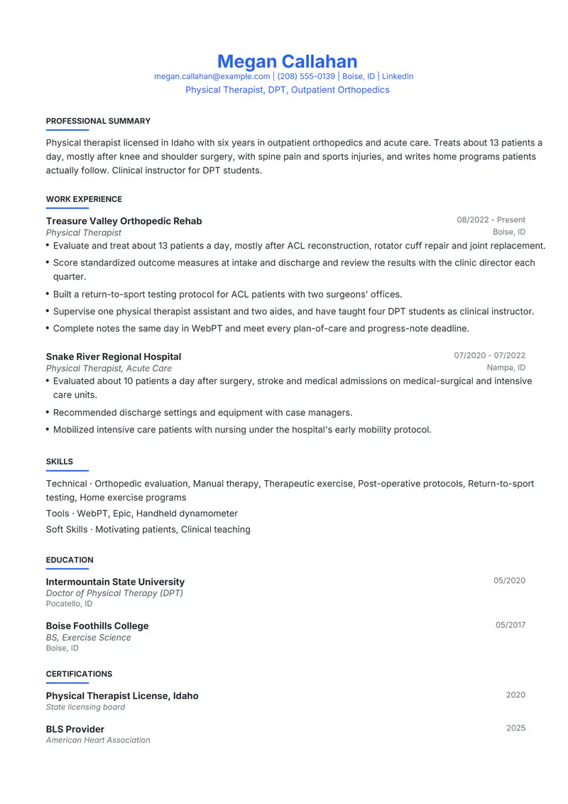 Physical Therapist resume template sample in Leslie, page 1: fictional Physical Therapist, DPT, Outpatient Orthopedics