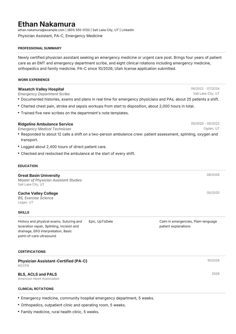 Physician Assistant resume template sample in Henrietta, page 1: fictional Physician Assistant, PA-C, Emergency Medicine