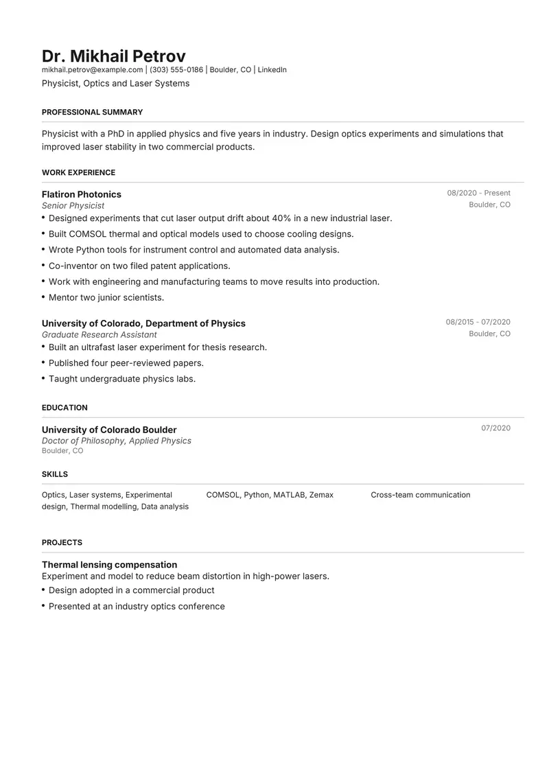 Physicist resume template sample in Henrietta, page 1: fictional Physicist, Optics and Laser Systems
