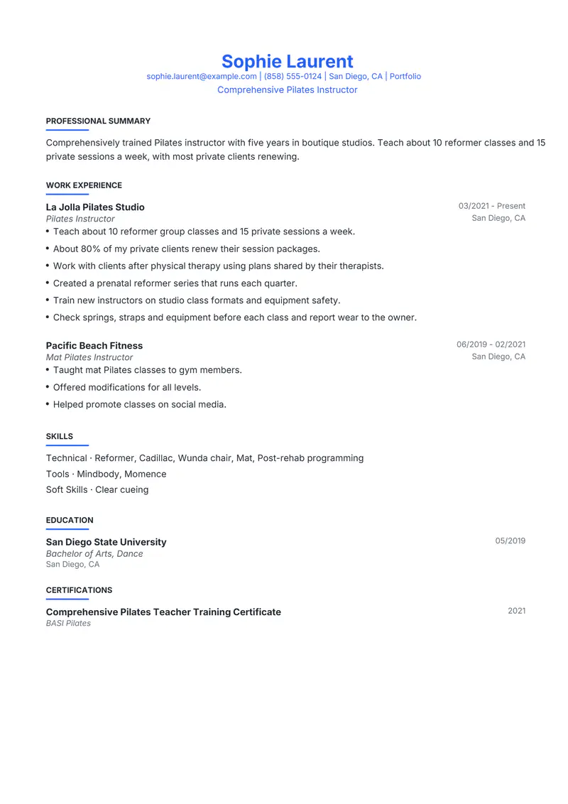Pilates Instructor resume template sample in Leslie, page 1: fictional Comprehensive Pilates Instructor