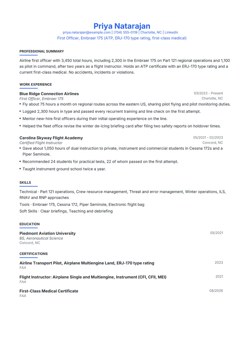 Pilot resume template sample in Leslie, page 1: fictional First Officer, Embraer 175 (ATP, ERJ-170 type rating, first-class medical)