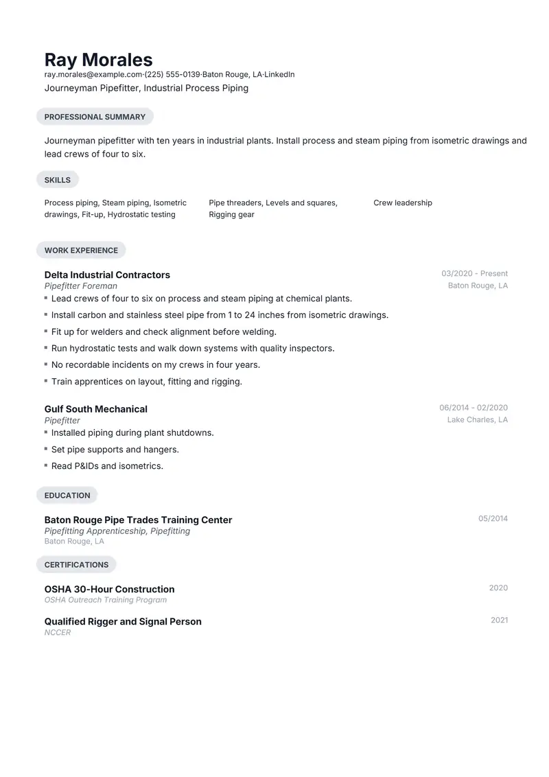 Pipefitter resume template sample in Daniel, page 1: fictional Journeyman Pipefitter, Industrial Process Piping