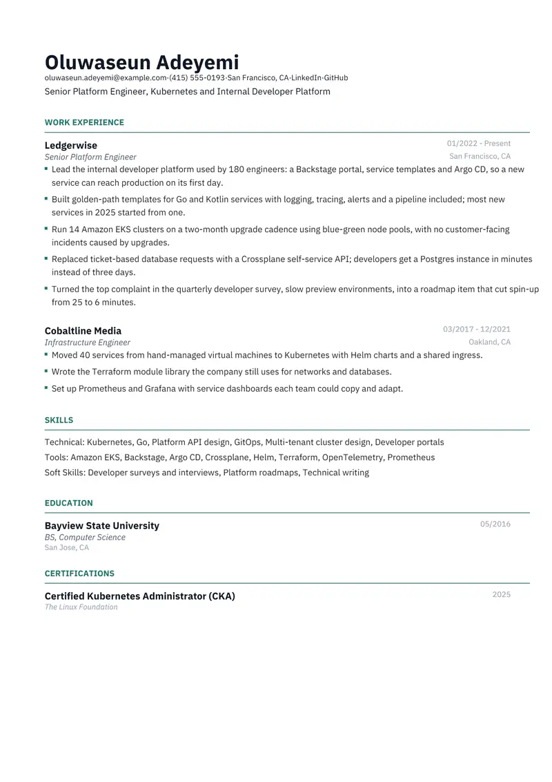 Platform Engineer resume template sample in Catalyst, page 1: fictional Senior Platform Engineer, Kubernetes and Internal Developer Platform
