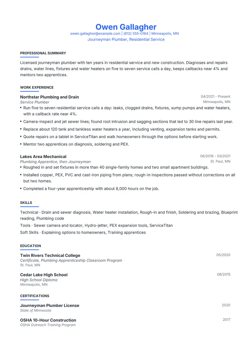 Plumber resume template sample in Leslie, page 1: fictional Journeyman Plumber, Residential Service