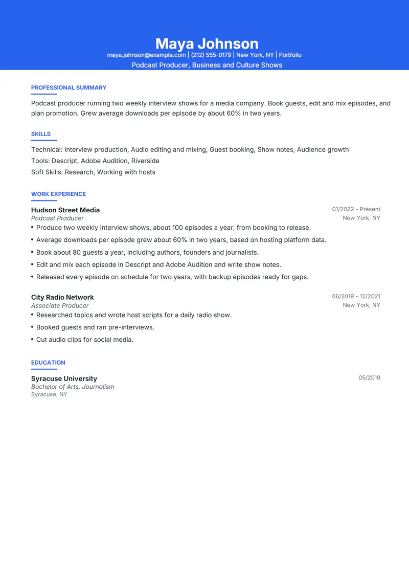 Podcast Producer resume template sample in Olivia, page 1: fictional Podcast Producer, Business and Culture Shows