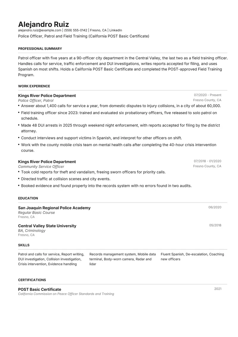 Police Officer resume template sample in Henrietta, page 1: fictional Police Officer, Patrol and Field Training (California POST Basic Certificate)