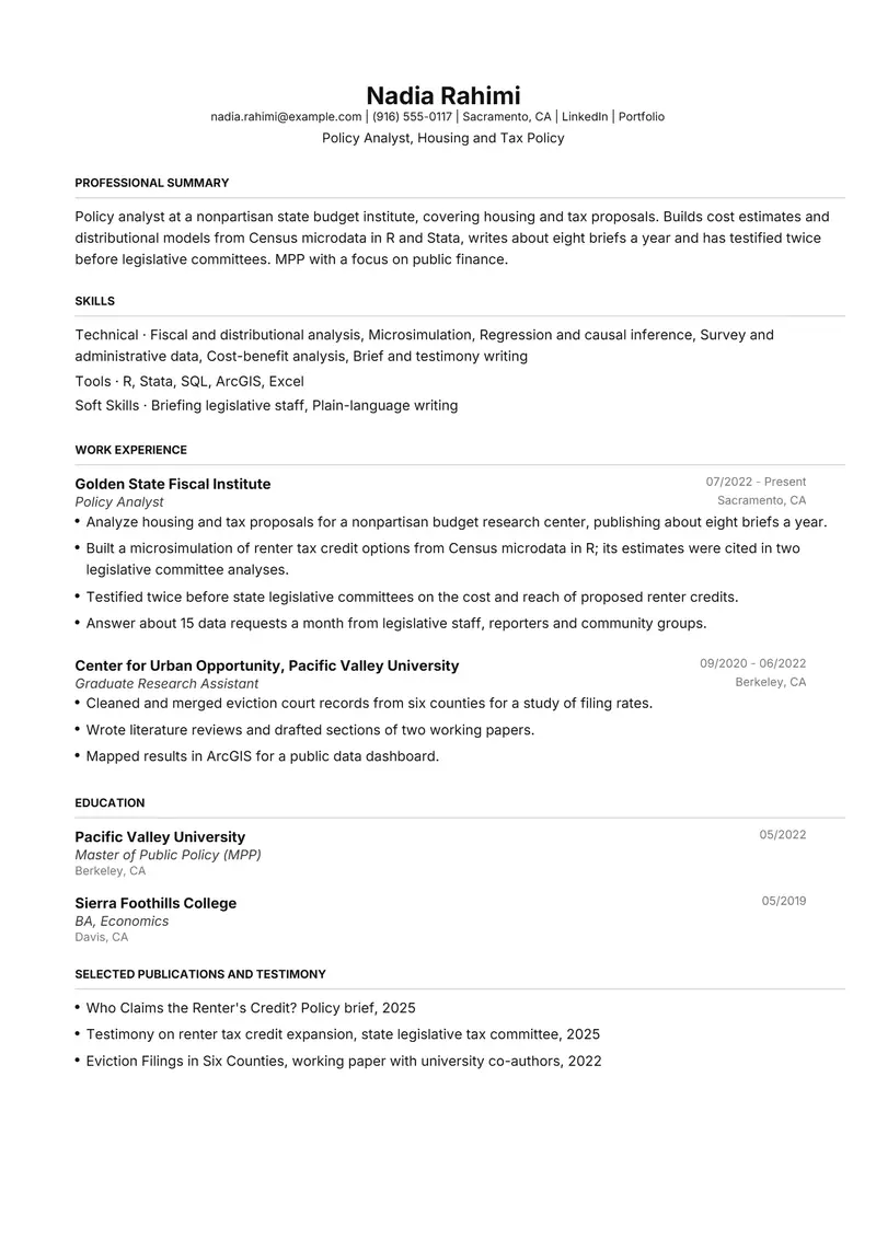Policy Analyst resume template sample in FAANGPath, page 1: fictional Policy Analyst, Housing and Tax Policy
